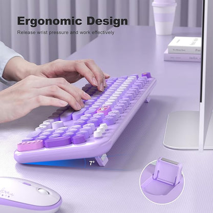 KNOWSQT Wireless Keyboard and Mouse Combo - Lovely Purple Rainbow Full-Sized Typewriter Colorful Keyboards, Round Keycap USB Plug Play Retro Cute Keyboards for Windows, Laptop, PC, Desktop, Computer