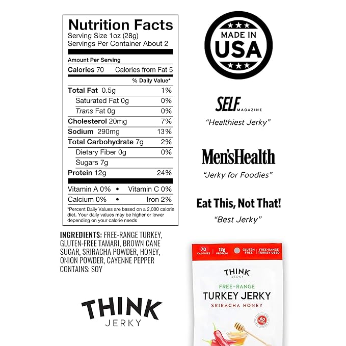 Think Jerky Sriracha Honey Turkey Jerky, High Protein Free-Range Turkey, Gluten Free, No Antibiotics or Nitrates, Healthy Chef Crafted Recipe, Low Calorie and Low Fat - 2.2 oz Bags, 8 Pack