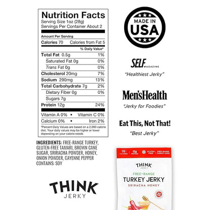 Think Jerky Sriracha Honey Turkey Jerky, High Protein Free-Range Turkey, Gluten Free, No Antibiotics or Nitrates, Healthy Chef Crafted Recipe, Low Calorie and Low Fat - 2.2 oz Bags, 8 Pack