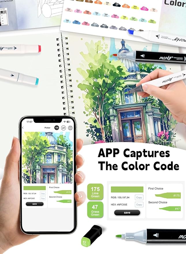 168+2 Colors Alcohol Markers with Free App, Chisel & Fine Tip Alcohol-Based Marker Set for Adults, Dual Tip Artist Markers for Drawing, Coloring Illustration, Painting and Great Gift Idea