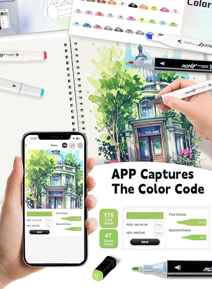 168+2 Colors Alcohol Markers with Free App, Chisel & Fine Tip Alcohol-Based Marker Set for Adults, Dual Tip Artist Markers for Drawing, Coloring Illustration, Painting and Great Gift Idea