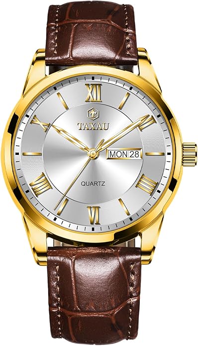 Men's Watch Big Face Easy Read Arabic Numeral Dress Watches for Men Classic Black Brown Leather Band Analog Mens Wrist Watch with Day and Date Fashion Business Waterproof Luminous Quartz Watch