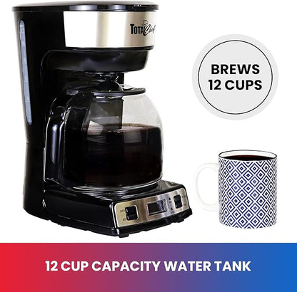 Total Chef Drip Coffee Maker - 12-Cup Programmable Coffee Machine With Glass Pot, Pause and Pour, Auto Shut-Off, Large Water Reservoir, Reusable Filter, Dishwasher Safe Carafe, Percoladora de Café