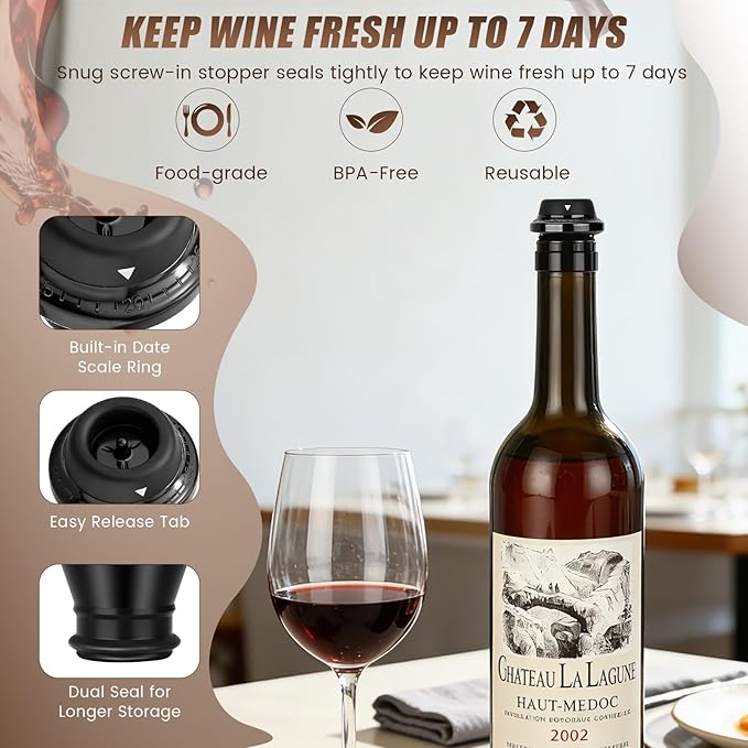 Wine Saver Vacuum Pump Set with 4 Reusable Wine Stoppers, Wine Bottle Preserver & Sealer, Keeps Wine Fresh Longer, Ergonomic Handle, Ideal Gift for Wine Lovers