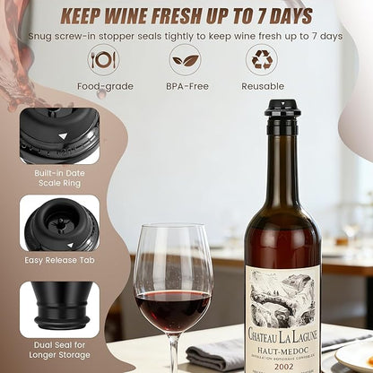 Wine Saver Vacuum Pump Set with 4 Reusable Wine Stoppers, Wine Bottle Preserver & Sealer, Keeps Wine Fresh Longer, Ergonomic Handle, Ideal Gift for Wine Lovers