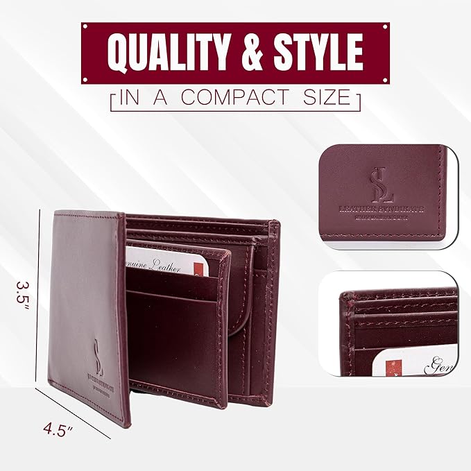 Bifold Wallet for Men with Premium Cowhide Leather Slim Wallet, Minimalist Design, Multiple Card Slots, Stylish Durable Gift-Ready Men’s Wallet (Maroon)