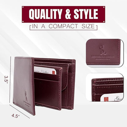 Bifold Wallet for Men with Premium Cowhide Leather Slim Wallet, Minimalist Design, Multiple Card Slots, Stylish Durable Gift-Ready Men’s Wallet (Maroon)