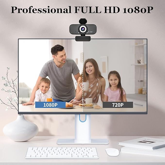 Webcam with Microphone, 1080p Full Hd Webcam for pc with Rotatable Tripod and Privacy Cover,Camera for Computer or Web Camera for Desktop Computer, Ideal for Remote Workers, Students, Gamers