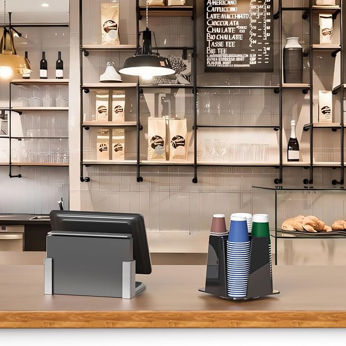 Coffee Cup Organizer for Countertop - Rotating Plastic Cup Holder 4 Compartments Black Acrylic Cup and Lid Holder for Coffee Bar Restaurant Breakroom Disposable Paper Coffee Cup Dispenser