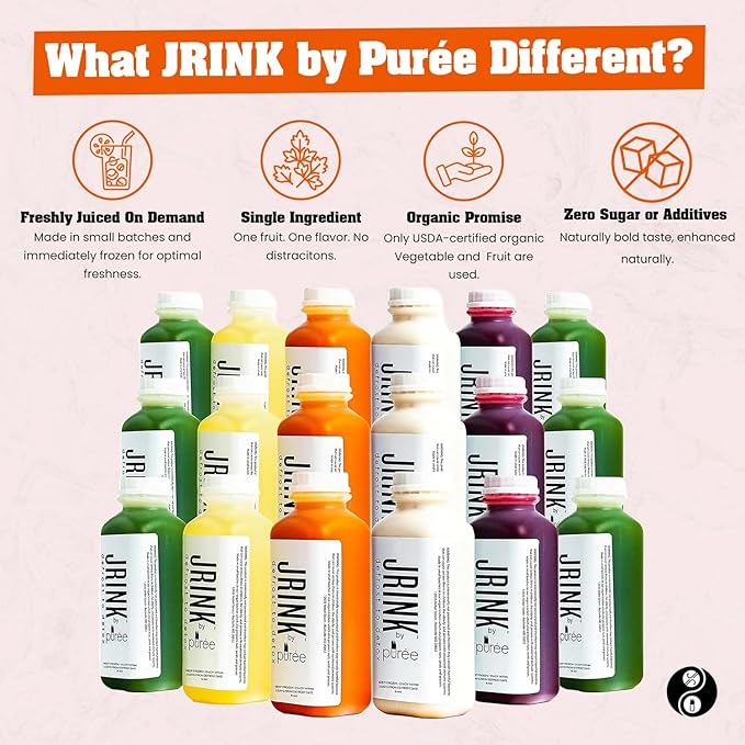 JRINK by Purée Easy Juice Cleanse, Cold Pressed Detox Drink with Organic 2 Day-Healthy Vegetable and Fruit Juice, Frozen Pressed Juice Cleanse, 12 Bottles, 16oz Each