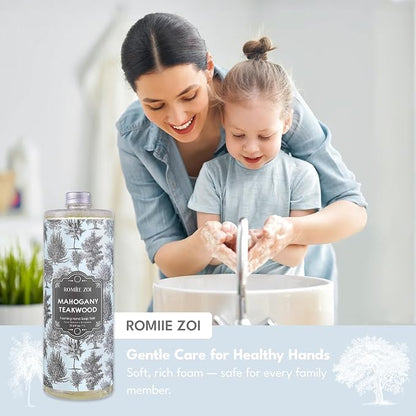 ROMIIE ZOI Foaming Hand Soap Refill Gift Set – Teakwood Scent – 3 Pack (1000ML Each) with Dispenser – Gentle & Moisturizing Plant-Based Formula – Bulk Refill Bottles for Bathroom & Kitchen Use