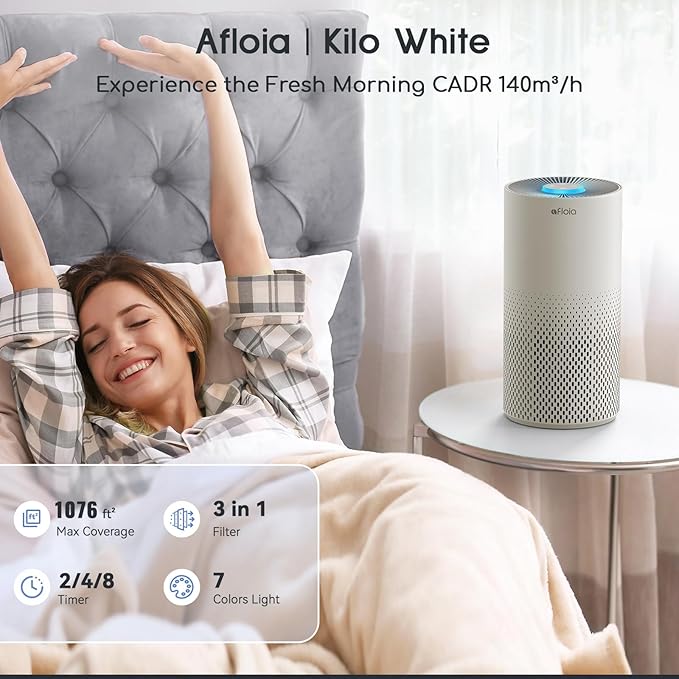 Afloia Air Purifier for Home Bedroom Large Room Up to 1076 Ft², 3-Stage Filter Air Purifiers for Bedroom, Remove Dander Pets Hair Pollen Mold Smoke, 7 Colors Light, Kilo Grey
