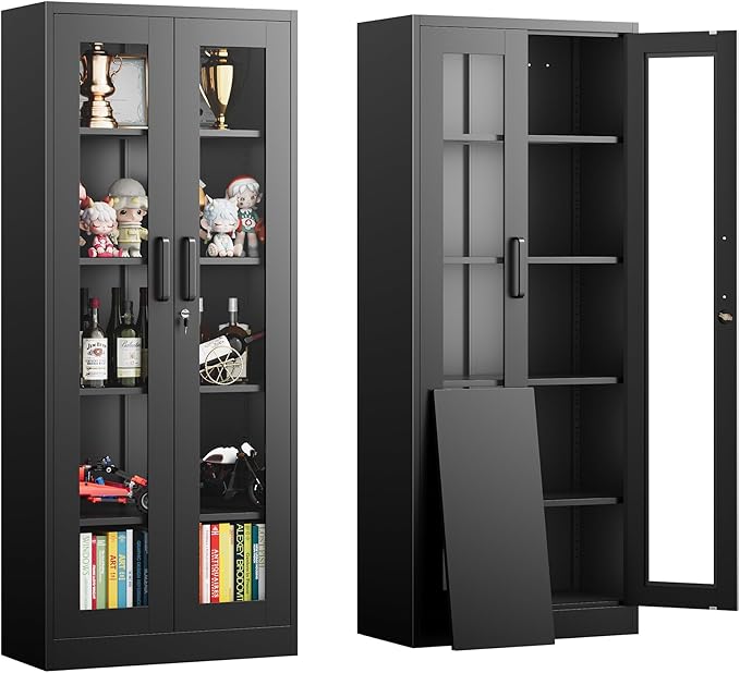 Display Storage Cabinet with Glass Door, 67 Inches Metal Curio Cabinet with 4 Adjustable Shelves, Lockable Glass Display Case for Home, Office, Clinic, Pantry, Assemble Required (Black)