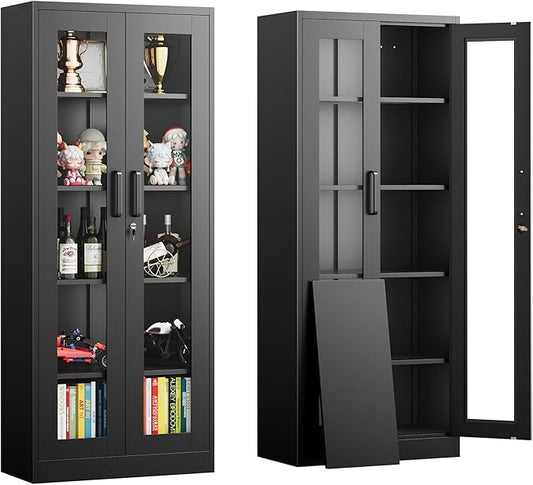 Display Storage Cabinet with Glass Door, 67 Inches Metal Curio Cabinet with 4 Adjustable Shelves, Lockable Glass Display Case for Home, Office, Clinic, Pantry, Assemble Required (Black)