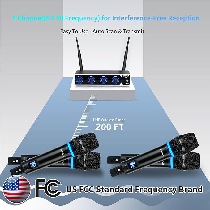 Pro Rechargeable Wireless Microphone System 4 Channel, UHF Metal Handheld Wireless Microphones Cordless Mics with VOL Control, 4x50 Adjustable Frequency for Karaoke Singing Church(G8)