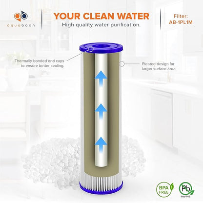 Aquaboon 1 Micron Pleated Water Filter 10 x 2.5 - Whole House Sediment Filter Replacement Cartridge Compatible with WFPFC3002, WHKF-WHPL, 50-Pack