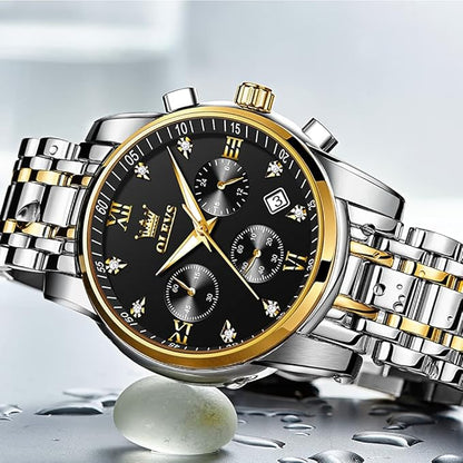 OLEVS Men's Stainless Steel Chronograph Watch, Big Face Gold Silver Black Tone Easy to Read Analog Quartz Watch, Luxury Waterproof Date Diamond Roman Arabic Numerals Dial Dress Watch for Men
