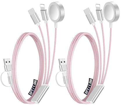 2Pack Multi Charging Cable Cord for Travel Essentials,Apple Watch Charger,iPhone Charger,[3-in-2] Type C/Lightning Cable Portable Designed for iWatch,iPhone 17-8,Galaxy S25-21,AirPods,iPad-1.5M Pink