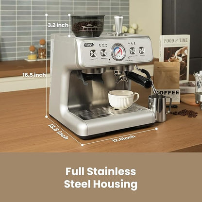 Gevi Dual Boiler Espresso Machine with Built-in Grinder, 58mm Commercial Portafilter, Barista Steam Wand, 31 Grind Settings, Stainless Steel, for Home Barista Use, Sterling Silver