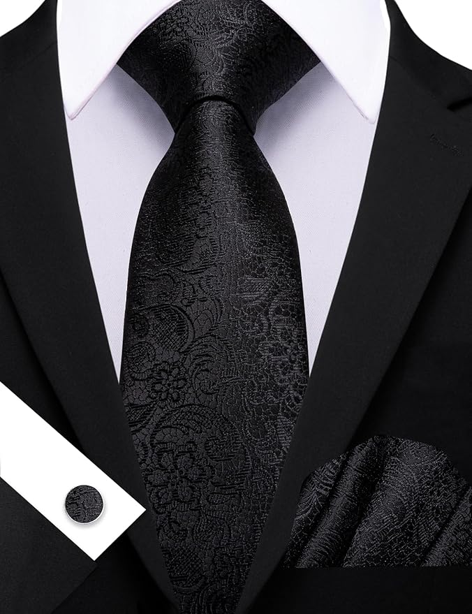 Barry.Wang Tie Sets for Men Silk Solid Necktie Stain Ties Handkerchief Pocket Square Cufflinks Wedding Business Dyed