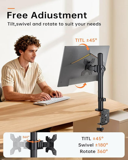 Monitor Arm Desk Mount for 13-27'' Monitors, Single Extra Tall 31.5 Inch Monitor Stand Holds up to 17.6lbs with Swivel, Tilt, Height Adjustable, C-Clamp, 75x75-100x100mm VESA