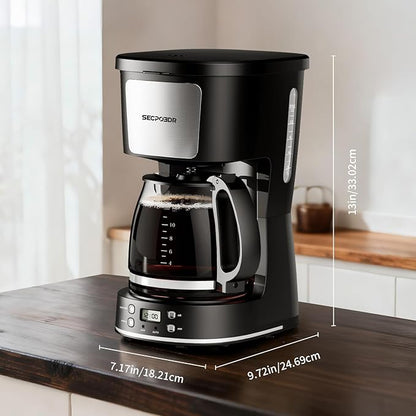 12-Cup Drip Coffee Maker with Reusable Filter,Programmable Clock,Auto Brew,Water Window,Keep Hot Plate,Glass Carafe,Compact Design for Kitchen,Office,Silver and Black
