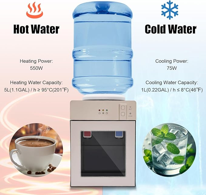 Water Dispenser Top Loading Countertop Water Cooler Dispenser with 3 Temperature Settings Desktop Electric Hot and Cold Dispenser for Home, Office, Dormitory (Champagne Gold)