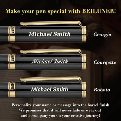 BEILUNER Luxury Personalized Gel Pen with 24K Gold Finish, Black Piano Lacquer, Luxury Grade Craftsmanship, Best Pen Gift Set for Men and Women, Professional, Executive, Office, Retractable Nice Pens