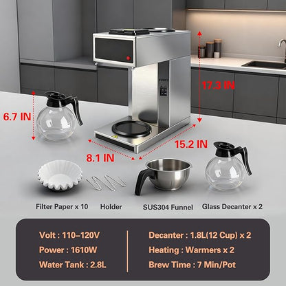 VONCI 1610W Commercial Coffee Maker, 12 Cup Drip Coffee Machine, 2 Glass Carafes and 2 Warmers, Stainless Steel Housing & Funnel, Industrial Coffee Maker for Offices, Hotels, Home