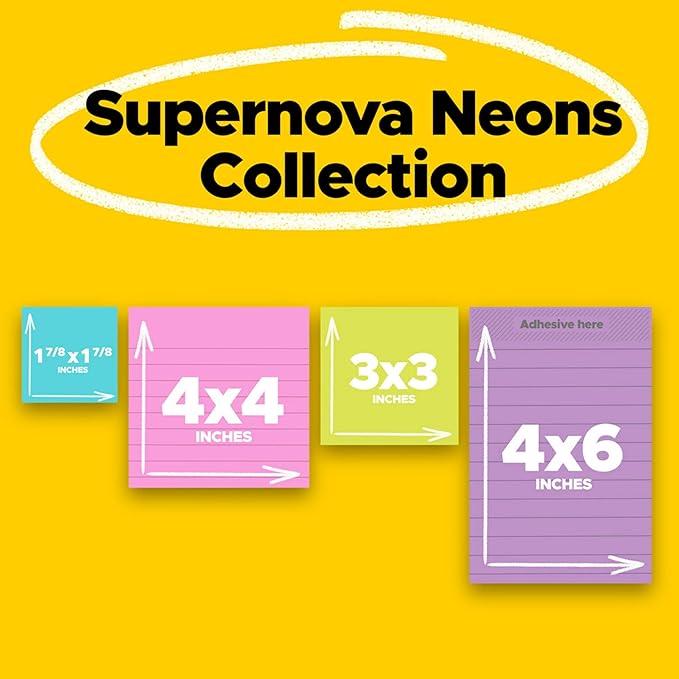 Post-it Super Sticky Notes, Assorted Sizes, 4 Pads, 2X The Sticking Power, Supernova Neons, Neon Colors, Recyclable (4622-SSMIA)