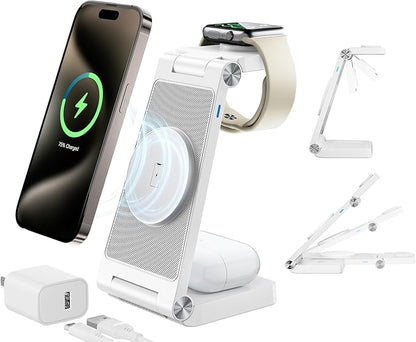 3-in-1 Magnetic Wireless Charging Station, Fast Max Charging for Smartphone, Watch & TWS, Space-Saving Multi-Device Charger Stand (White)
