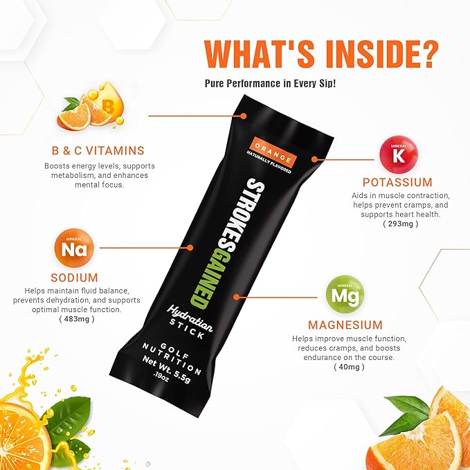 Golf Hydration Orange Electrolyte Powder – Sugar Free Drink Mix Packets – Golf Accessories for Men & Women – Golf Gifts – 20 Stick Packs