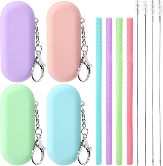Meanplan 4 Sets Cruise Ship Essentials,4 Set Silicone Straws with Case Reusable Silicone Portable Drinking Straw Set for Party Travel Cold or Hot with 4 Carry Case, 4 Cleaning Brushes (Classic Color)