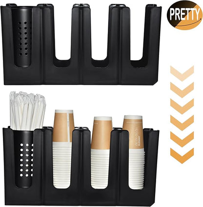 Cup Holder Lid Dispenser with Straw Organizer,4 Compartment 7 Adjusting,Cup Storage Organizer for Breakroom Countertop Coffee Station Bar Restaurant