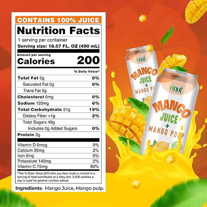 Vinut 100% Mango Juice with Pulp (16.57 fl oz, Pack of 12), No Sugar Added, All Nature Mango Juice, Not From Concentrate, Gluten Free, GMO-Free, High Calcium, Iron