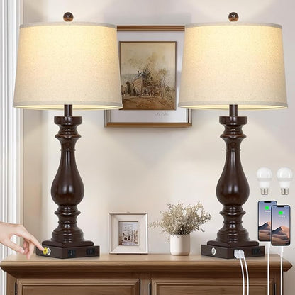 29" Tall Farmhouse Table Lamp for Living Room Set of 2,Vintage Retro Nightstand Lamps with USB C+A Ports & AC Outlet,3-Way Dimmable Touch Bedside Lamp for Bedroom Side Table,Dark Brown