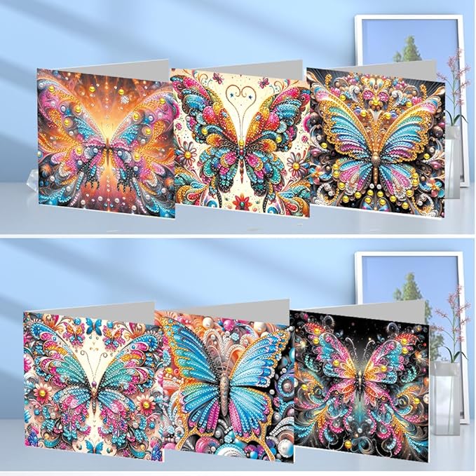 6pcs DIY Butterfly Diamond Art Painting Greeting Cards Kit, Rhinestone Art Holiday Birthday Card Set with Envelopes, DIY Festival Craft for Girlfriend, Christmas Valentine Gift Making Supplies