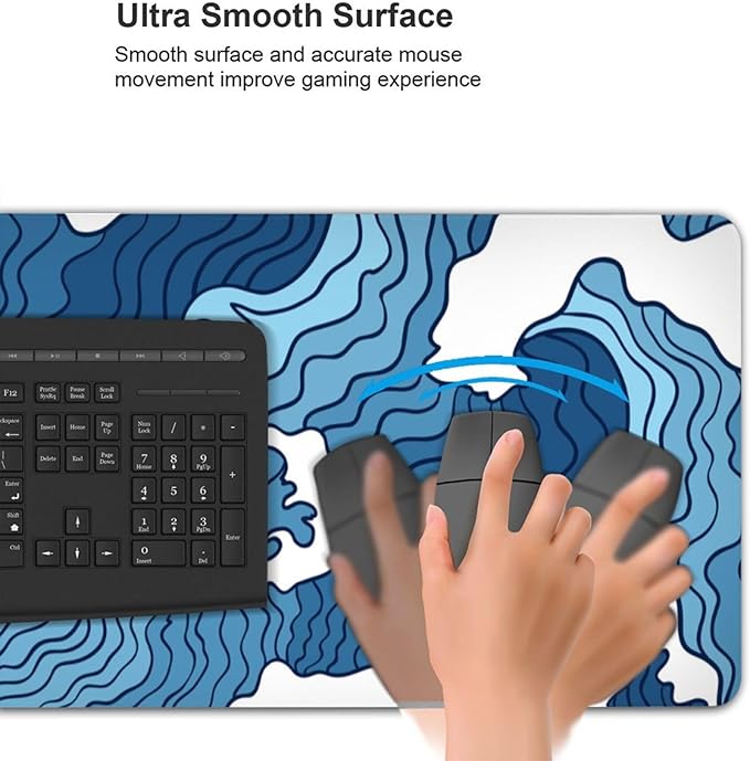Japanese Blue and White Wave Gaming Mouse Pad XL, Non Slip Rubber Base Mousepad, Stitched Edges Desk Pad, Extended Large Mice Pad,31.5 X 11.8 Inch