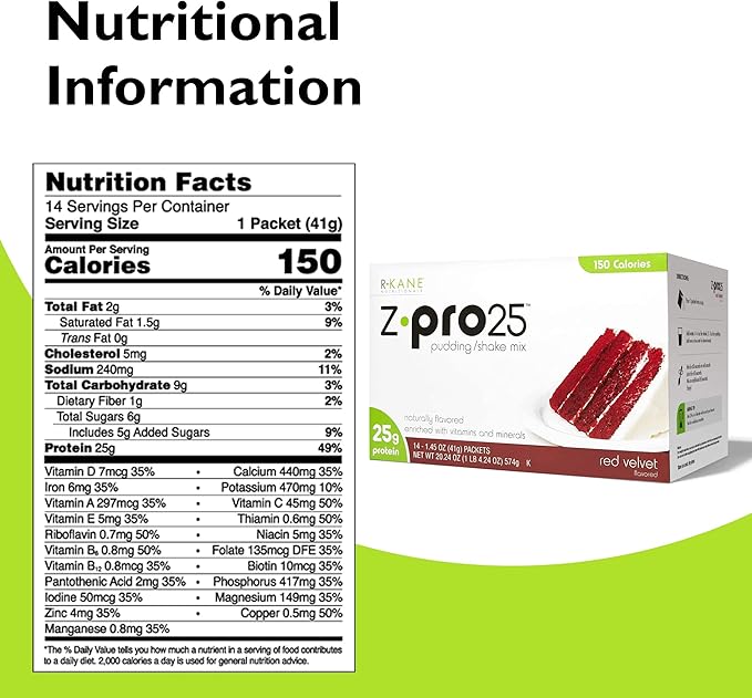 R-Kane Nutritionals Z-Pro Red Velvet Protein Drink Mix - High Protein, Low Calorie Low Fat Shake and Pudding Mix - Meal Replacement, On-The-Go Packets - Breakfast Boost - 25g Protein - 14 Packets