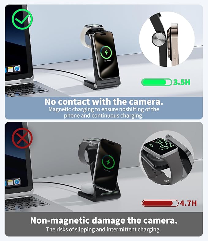 Magnetic Wireless Charging Station, 3 in 1 Fast Max Charging for Smartphone,Watch,TWS - Space-Saving Multi-Device Stand (Black)