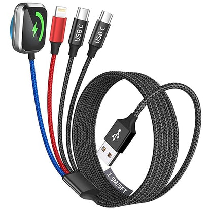 Dual Type-C 4 in 1 Charging Cable for Phone Watch Charger, Travel Essentials Multi Charging Cable iPhone Charger Cord Compatible with iWatch Ultra/SE/10-1, iPhone17 16 15 14, Android-1Pc 5FT
