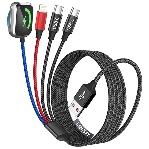 Dual Type-C 4 in 1 Charging Cable for Phone Watch Charger, Travel Essentials Multi Charging Cable iPhone Charger Cord Compatible with iWatch Ultra/SE/10-1, iPhone17 16 15 14, Android-1Pc 5FT
