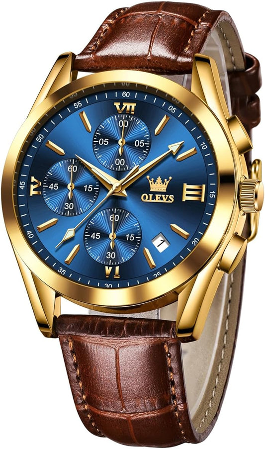 OLEVS Men's Chronograph Leather Watch, Big Face Easy to Read Analog Quartz Dress Watch, Casual Waterproof Luminous Hands Date Watches for Men, White/Blue/Black/Gold Dial