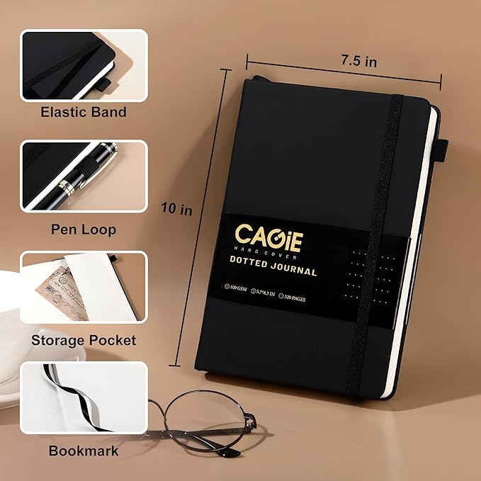 CAGIE Bullet Dotted Journal Notebook 320 Pages 100 GSM Paper Hardcover A5 Dot Grid Notebook Leather Journals for Writing Women Men Work Journaling, Black