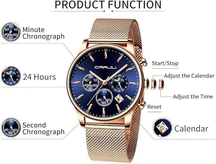 CRRJU Men's Fashion Casual Watches Auto Date Chronograph Watch Men Nice Work Watches Waterproof 30M Full Steel Quartz with Mesh Strap