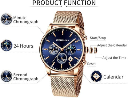 CRRJU Men's Fashion Casual Watches Auto Date Chronograph Watch Men Nice Work Watches Waterproof 30M Full Steel Quartz with Mesh Strap