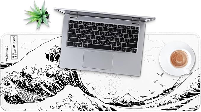 MAY FLOWER Large Gaming Mouse Pad, Full Keyboard Mat, Long Laptop Mousepad, Computer Mouse Mat for Home and Office, Anti-Slip Rubber Base, 31.5 x 11.8 Inches (White Sea Wave)
