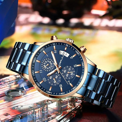 CRRJU Men's Fashion Stainless Steel Watches Date Waterproof Chronograph Wristwatches,Black Steel Band Waterproof Quartz Watch for Men