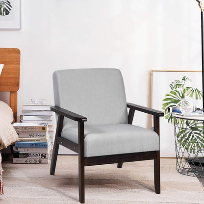 Giantex Mid-Century Modern Accent Chair, Retro Fabric Armchair, Solid Hardwood Made, Upholstered Linen Lounge Arm Chair for Living Room (1, Light Grey)