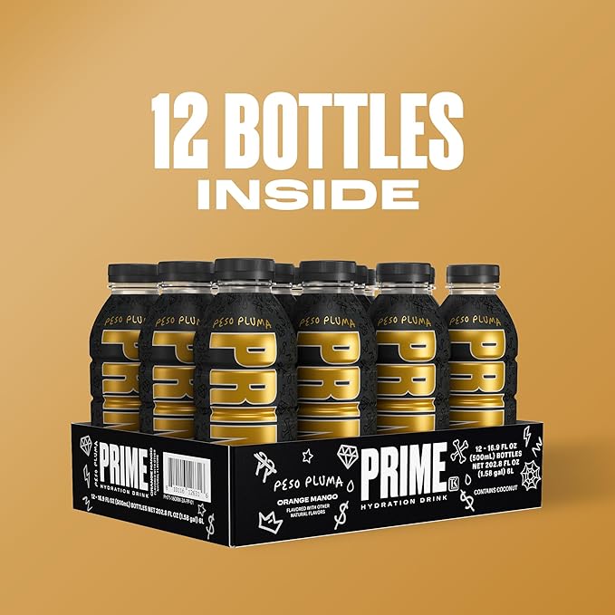 PRIME Hydration PESO PLUMA, Sports Drinks, Electrolyte Enhanced for Ultimate Hydration, 250mg BCAAs, B Vitamins, Antioxidants, Low Sugar, 16.9 Fl Oz, 12 Pack